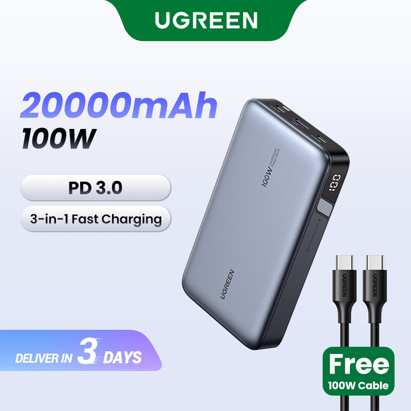 UGREEN 20000mAh Laptop Power Bank PD 100W Fast Charging for Dell Lenovo MacBook Pro/MacBook Air M3 M2 M1 iPad Air M2 13" 2024 iPhone 16 15 14 Pro Max Samsung S24 Ultra Z Fold5 M14 Z Flip5 A35 A55 for