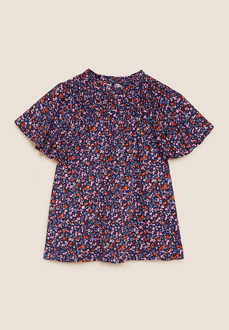 M&S Pure Cotton Floral Shirred Short Sleeve Top