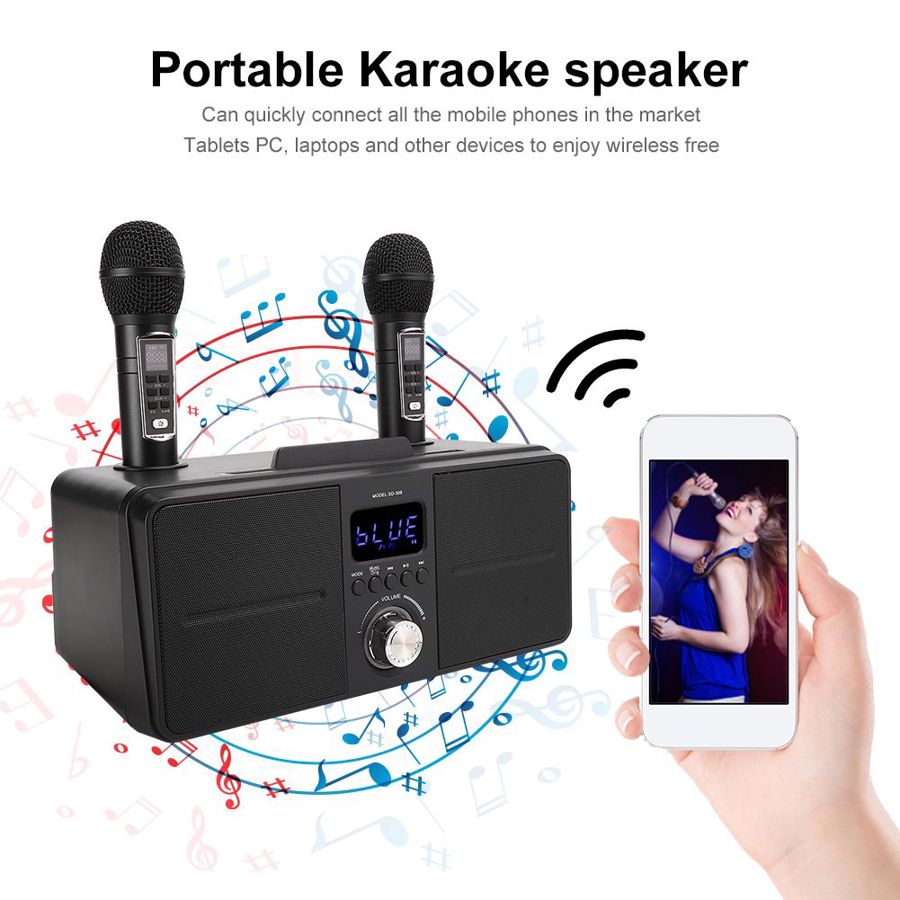 【Singapore Supplier】SD309 HOME KTV Dual Wireless Microphone Bluetooth Wireless Stereo All-in-one Speaker Mobile Wireless Karaoke Speaker 30W SDRD Speaker Set Support Wireless Recording Connection to T