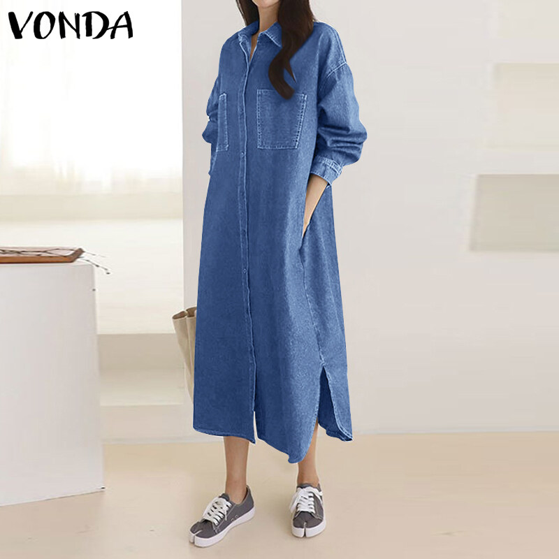 (Korean Style) Fancystyle Women Long Sleeve Retro Loose Denim Dress Party Formal Dresses Kaftan Maxi Dress