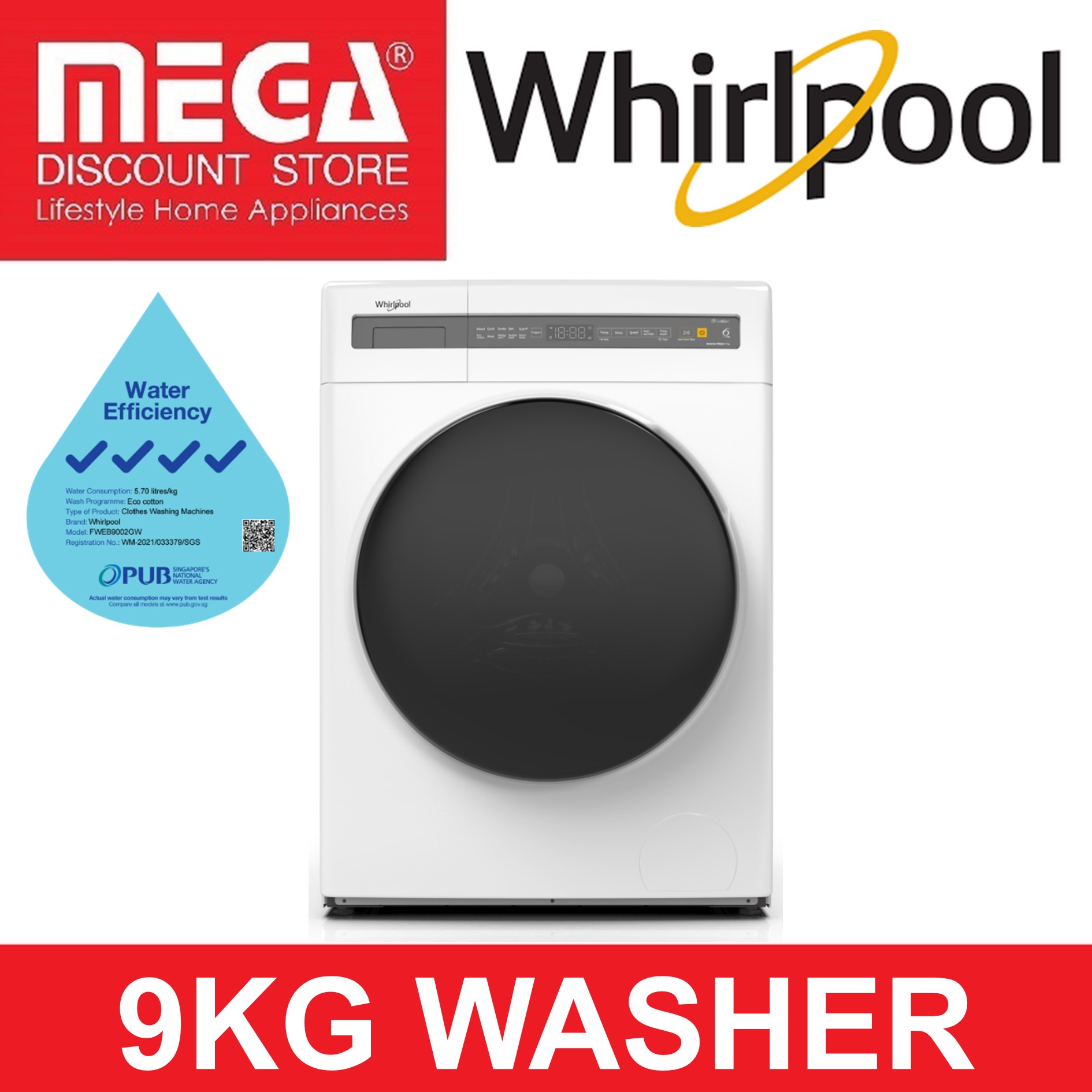 WHIRLPOOL FWEB9002GW 9KG FRONT LOAD WASHER ( 4 TICKS) WITH FREE DETERGENT FROM WHIRLPOOL