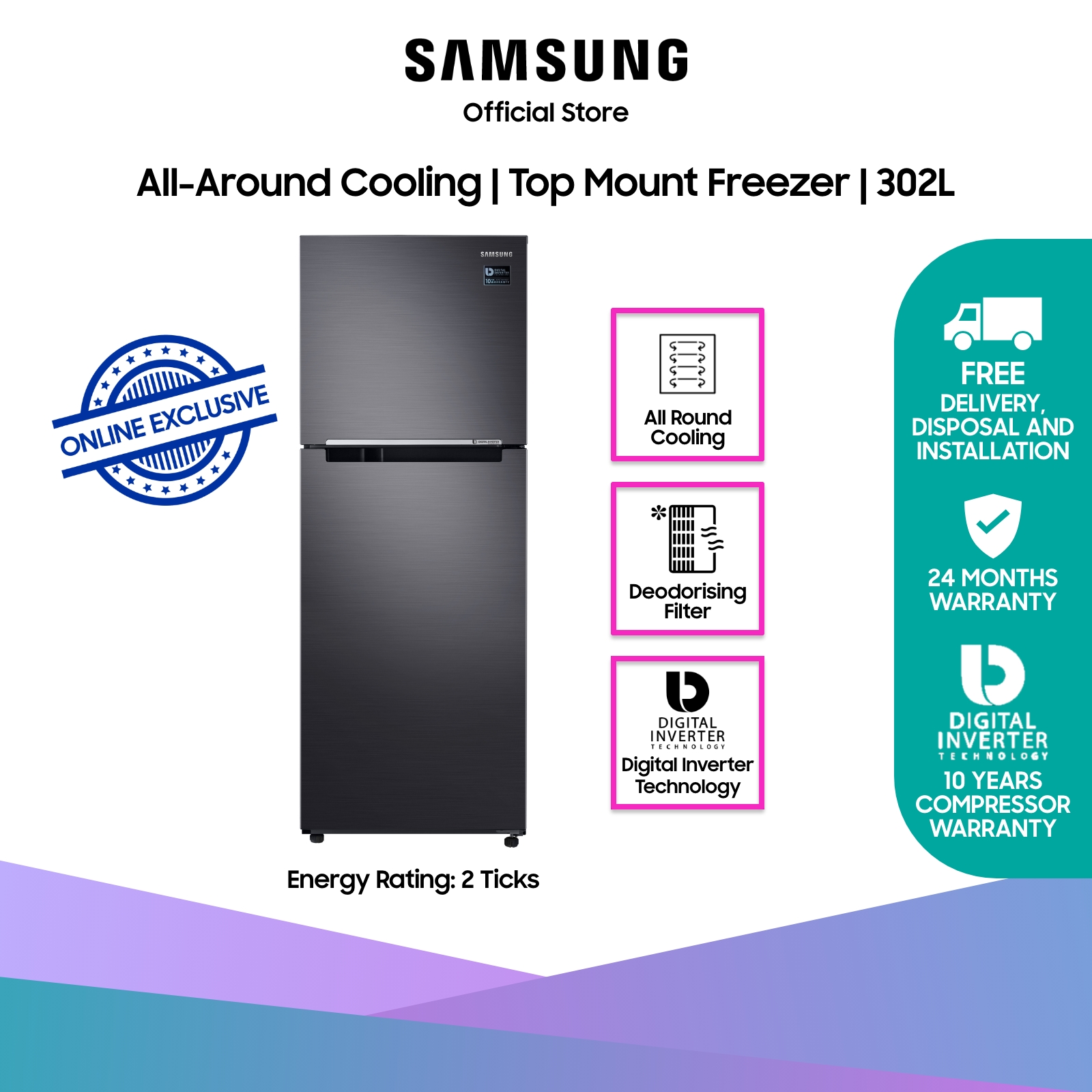 [Bulky] [Online Exclusive] Samsung Refrigerator All-Around Cooling Top Mount Freezer, 302L, Energy Rating 2 Ticks RT29K503JB1/SS - Fridge